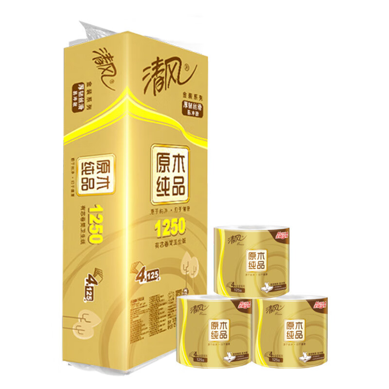 清风 原木金装4层卷筒卫生纸125g*10卷/提（提装） LMQF001