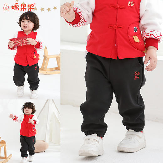 棉果果冬季新品新年款男童女童斜纹复合绒保暖加厚中国风针织加绒长裤M502200425776 商品图0