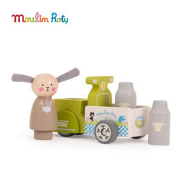 Moulin Roty 木制送牛奶三轮车 过家家玩具 适合3岁+ 农场大家庭系列 法国品牌 -632427