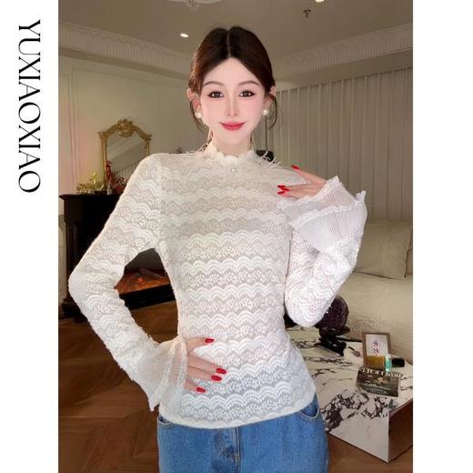 余潇潇【月神海浪】精致百搭高弹力拼接亮片立体花朵蕾丝打底上衣 商品图0