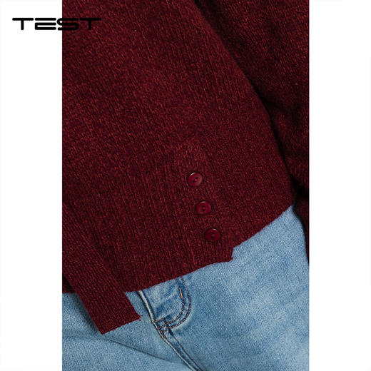 冬上新宽松慵懒版型酒红色挂脖露肩毛衣1254038 商品图3