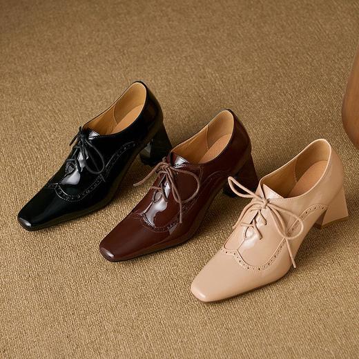 【预售5天】杏色系带深口单鞋女法式通勤风职业小皮鞋漆皮粗跟高跟鞋YS&YSD7110 商品图4