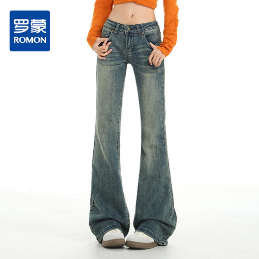 罗蒙春秋款女士牛仔裤美式复古微喇辣妹直筒水洗做旧显瘦百搭阔腿拖地长裤 商品图0