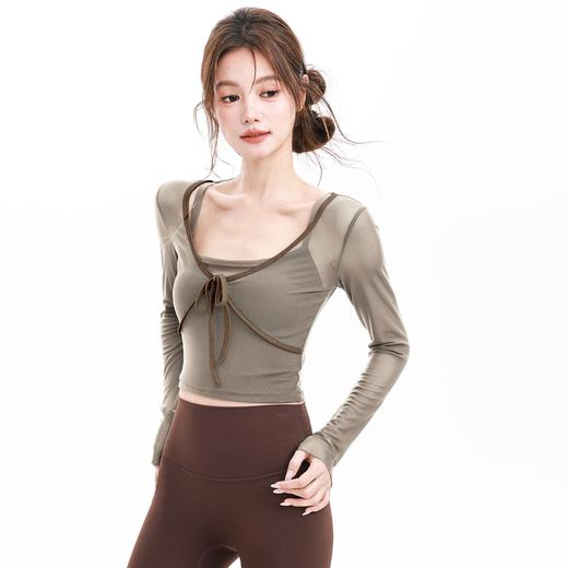 跃牌【禅语梵心】假两件撞色蝴蝶结网纱运动T恤女长袖带胸垫瑜珈服上衣CX5723 商品图2