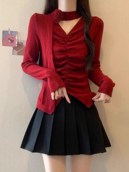【敲百搭】辣妹性感立体花朵飘带挂脖红色V领针织T恤秋冬时尚打底衫上衣ins。rc 商品图3