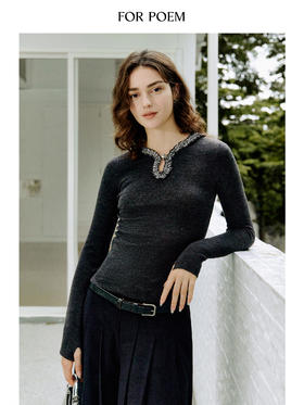 ForPoem 现货 25/FW原创设计灰色格子花边连帽水滴领针织羊毛打底衫