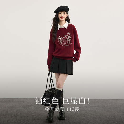 【周末秒杀】熙世界miu系酒红色加绒卫衣女宽松慵懒美式刺绣上衣2025秋冬新款 商品图2