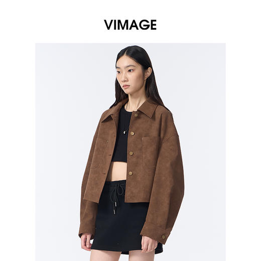 VIMAGE纬漫纪宽松复古巧克力色短款秋冬新款夹克外套V2403111 商品图2