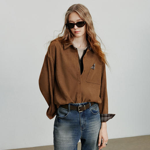 初语 春秋款巴恩风衬衫女 拼接格纹翻袖磨毛衬衣外套上衣 商品图1