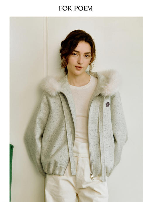 ForPoem 25/FW 原创设计彩点花灰羊毛混纺可拆卸毛领连帽保暖外套 商品图2