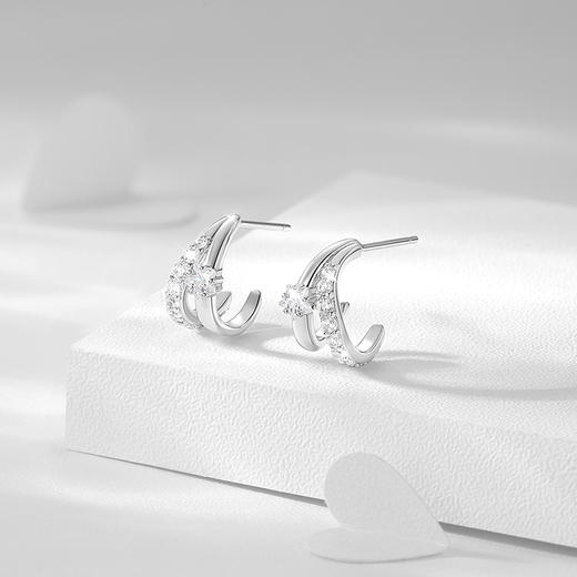 卡蒂罗KADER 星光耳钉 925银轻奢小众原创设计不规则双圈镶嵌闪锆配饰 星轨交织 甜蜜浪漫 耳钉 女款 银色 商品图3