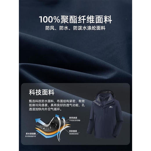 美津浓户外三合一冲锋衣，防风防水户外运动冲锋衣，A2CE2A06 商品图2