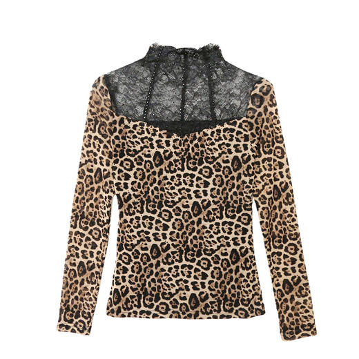 KQL359H8358 2025蕾丝拼接新款长袖半高领烫钻上衣洋气t恤女修身打底衫 商品图4