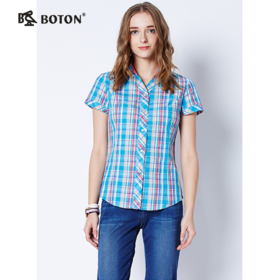 【第2件半价！尾货清仓不退换】波顿_Boton女士纯棉格子衬衫_撞色格纹修身显瘦短袖衬衫LS755217