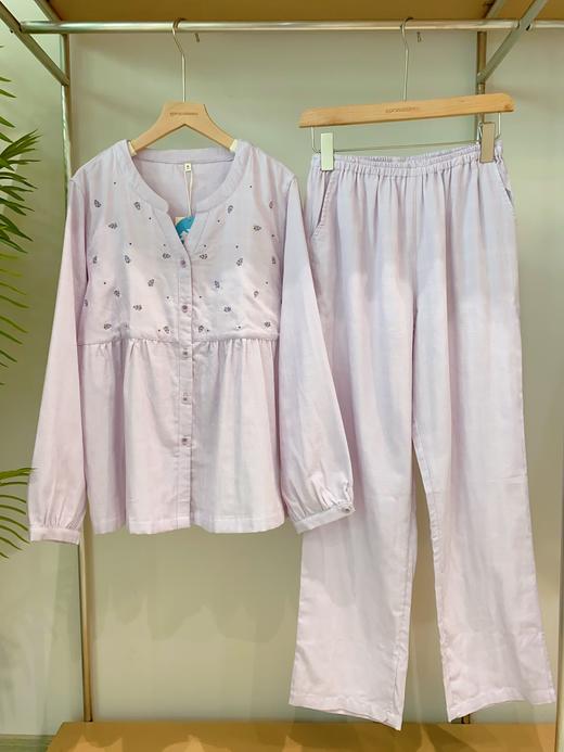 松植屋《慕樱》女士圆领长袖套装春秋女款双层纱布睡衣纯棉家居服 商品图5
