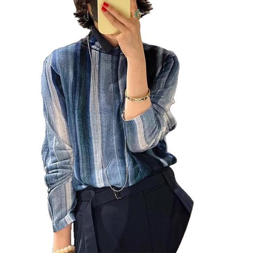 雀说流行巨好看的轻熟单穿长袖上衣蓝色条纹晕染t恤女装AL 商品图4