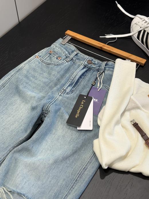 会员福利【美式高阶感】拉夏贝尔/La Chapelle百搭时尚破洞前卫设计精致小众感牛仔裤小个子微喇裤 商品图6