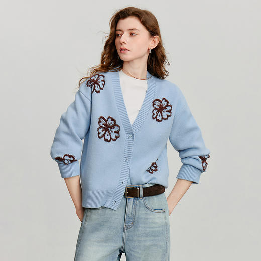 初语针织衫女秋季新款V领开衫外套绿绒蒿复古植物系毛织上衣 商品图1