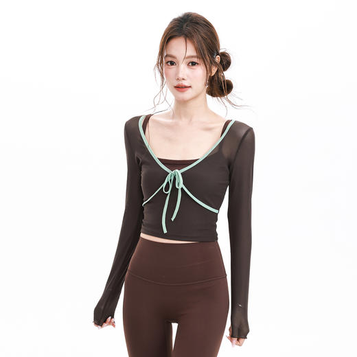 跃牌【禅语梵心】假两件撞色蝴蝶结网纱运动T恤女长袖带胸垫瑜珈服上衣CX5723 商品图4