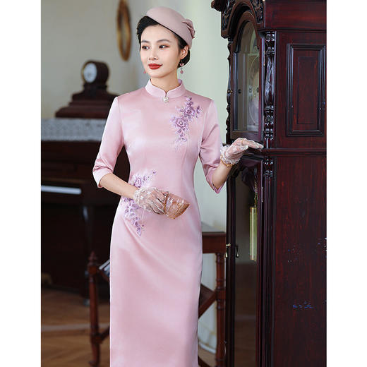粉黛修身旗袍长款刺绣立领七分袖中国风传统中式礼服妈妈新中式 商品图3