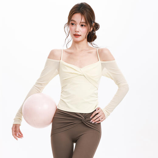 跃牌【禅语梵心】露肩网纱蝴蝶结瑜伽服长袖跑步速干运动文胸一体杯健身服上衣CX3425 商品图1