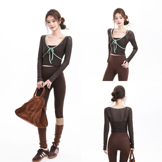 跃牌【禅语梵心】假两件撞色蝴蝶结网纱运动T恤女长袖带胸垫瑜珈服上衣CX5723 商品图3