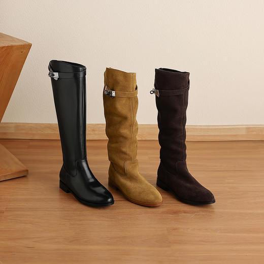 【预售7天】2.5cm~圆头复古牛皮骑士靴西部牛仔靴女冬低跟长筒堆堆靴HB&1589 商品图3