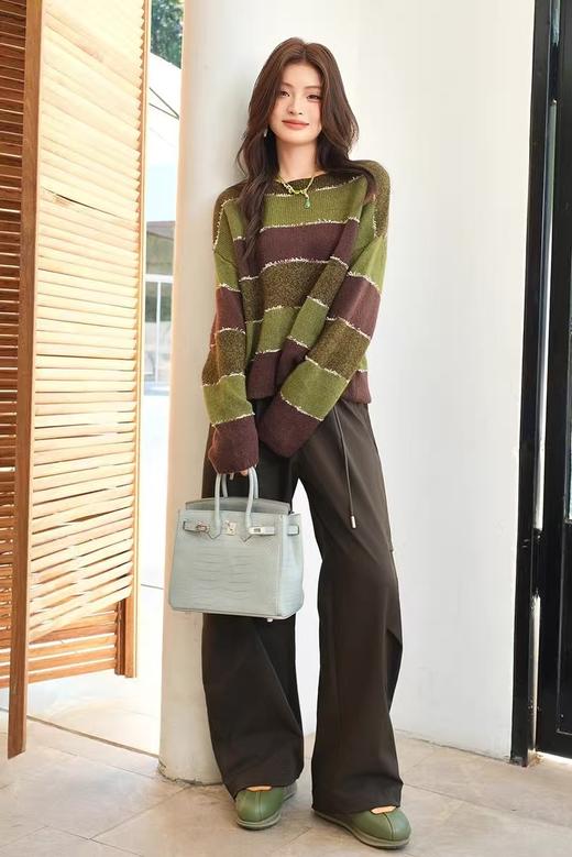 抹茶可可棕三色碰撞条羊毛混纺毛衫 商品图0