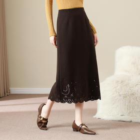 「自」全新升级【铂金会员146/天猫199/差价53】(05621)洛诗琳气质镂空毛呢半身裙2025秋冬高腰开叉通勤直筒裙