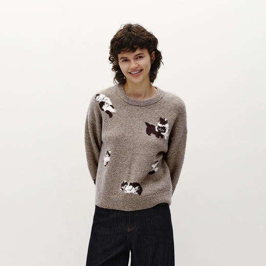 商场同款|森马毛衣女冬季猫咪提花落肩2025新款小个子趣味套头衫 商品图2