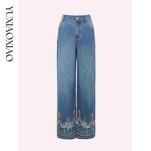 余潇潇【时光游记】时尚100棉拼手工钉珠重工刺绣直筒牛仔裤 商品图0