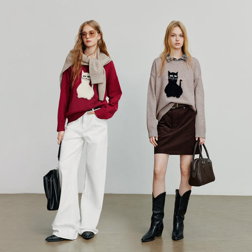 初语针织衫女秋季新款插画师联名猫猫提花宽松圆领毛织上衣 商品图4