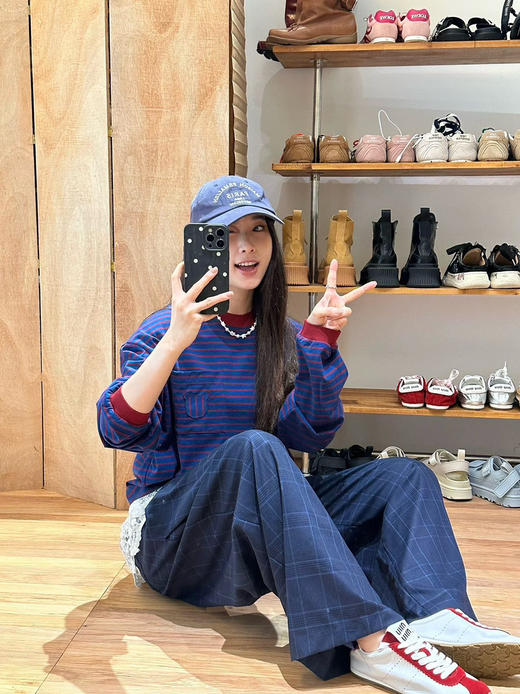 【10月15日 下午16:00 秒杀】秋季 口袋小猫 韩系chic撞色 宽松条纹长袖T恤 商品图2