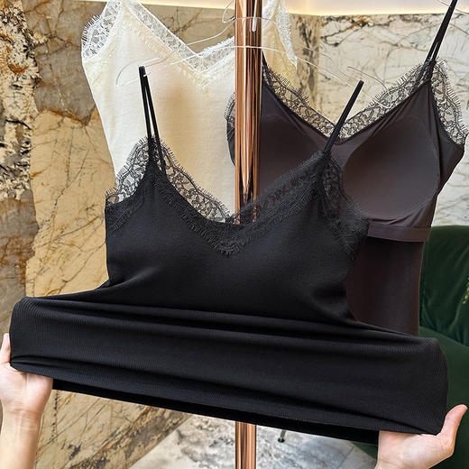官网1400+ 华家高端线90S莫代尔长绒棉美利奴羊毛保暖背心女 带胸垫蕾丝可外穿打底吊带 商品图4