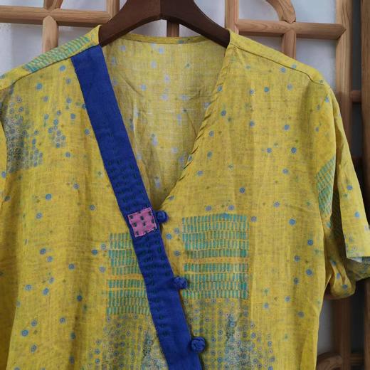 仅一件！XL码 【断码清仓】宽松显瘦文艺复古民族风V领撞色盘扣印花中长款连衣裙ZFYY012 商品图1