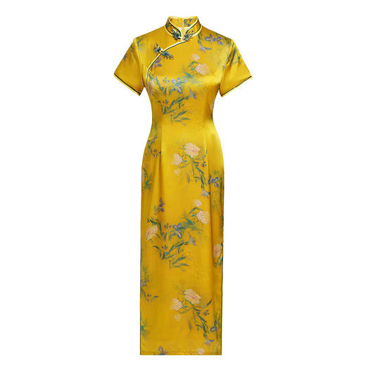 HS2615 2025春夏新品改良黄色走秀中式旗袍丝绸长款双层时尚优雅高考礼服 商品图4