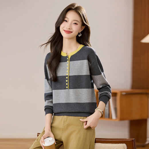 雀说复古条纹风圆领针织衫撞色纽扣毛衣内搭打底衫AL1501 商品图2
