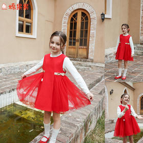 棉果果冬季新品新年款女童中国红喜庆节日氛围空气层网纱背心裙M522702425772