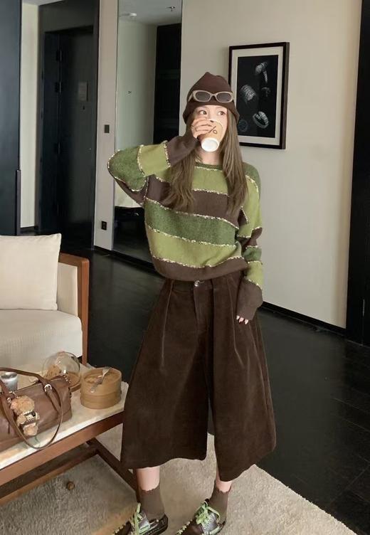 抹茶可可棕三色碰撞条羊毛混纺毛衫 商品图2