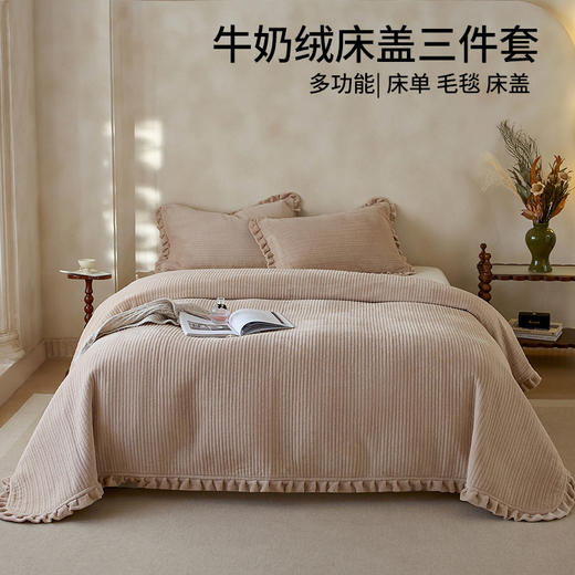 【牛奶绒床盖】牛奶绒床盖三件套秋冬保暖床单纯色绒布毯子床盖枕套 商品图0