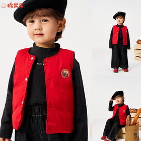 棉果果冬季新品男童女童红色马甲涤丝纺羽绒保暖加厚白鹅绒羽绒马甲M502171925610