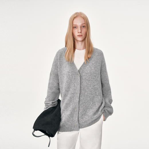 NUTH 羊毛混纺V领宽松保暖中长款毛衣针织开衫女 浅灰色/深灰色 商品图1