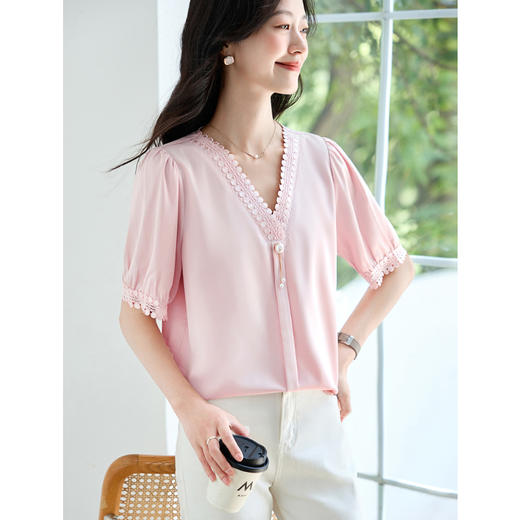 女士短袖雪纺衫夏季新款遮肚大码洋气上衣设计感小众V领气质小衫 商品图4