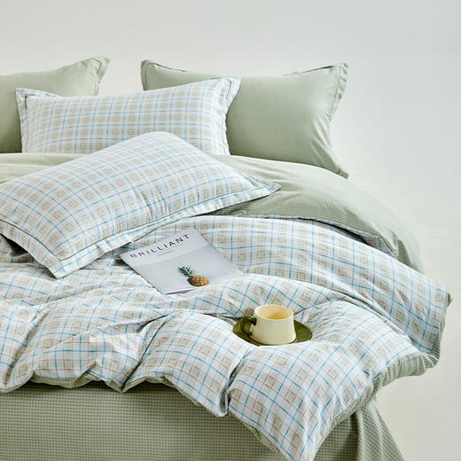 無印良品 A类色织双层纱四件套-海沫绿格200x230cm MJ-T2024-0297-2 商品图4