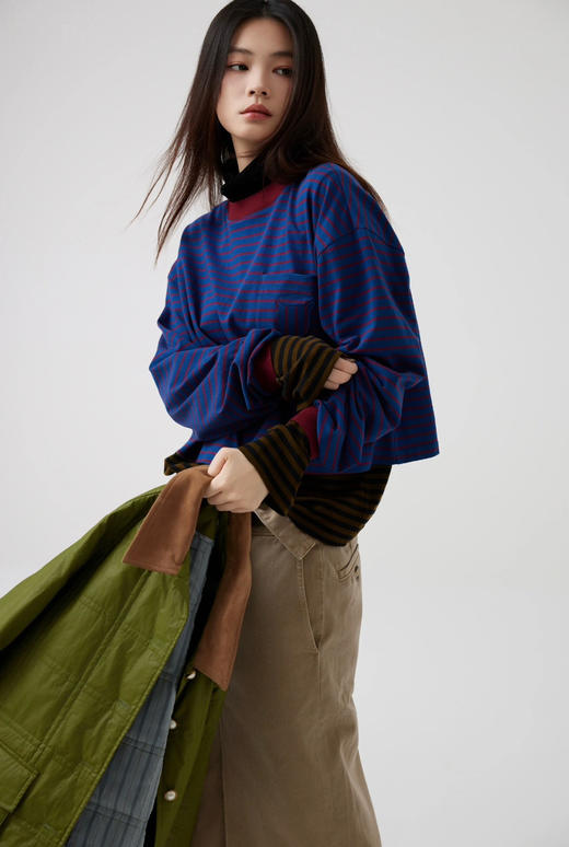 【10月15日 下午16:00 秒杀】秋季 口袋小猫 韩系chic撞色 宽松条纹长袖T恤 商品图3