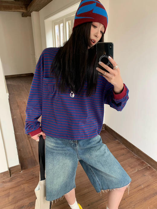 【10月15日 下午16:00 秒杀】秋季 口袋小猫 韩系chic撞色 宽松条纹长袖T恤 商品图6