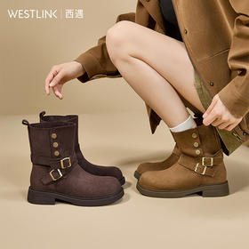 西遇英伦厚底短靴女新款秋冬两穿美拉德机车马丁靴西部牛仔靴V2157201
