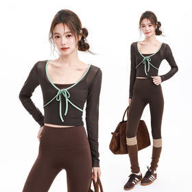 跃牌【禅语梵心】假两件撞色蝴蝶结网纱运动T恤女长袖带胸垫瑜珈服上衣CX5723