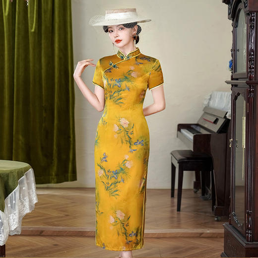 HS2615 2025春夏新品改良黄色走秀中式旗袍丝绸长款双层时尚优雅高考礼服 商品图1