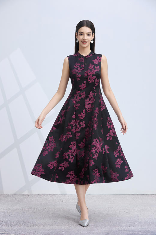 SZ3S81_魏紫色_连衣裙_秋季_新中式立领无袖收腰A字大摆中长款_高级女装_BERNIEELEN 伯妮斯茵 商品图3